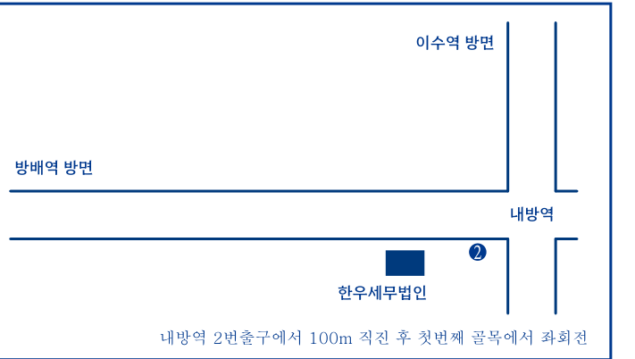 내방역 2번 출구에서 직진 후 첫 번째 골목 좌회전, 한우세무법인 위치 약도